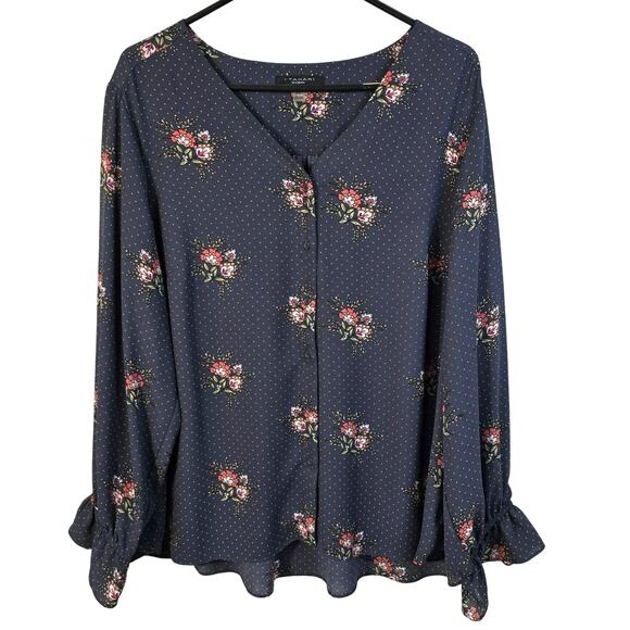 T Tahari Women Blouse Women's 2X Dusty Blue Floral Button Up Career Feminine - Picture 1 of 13